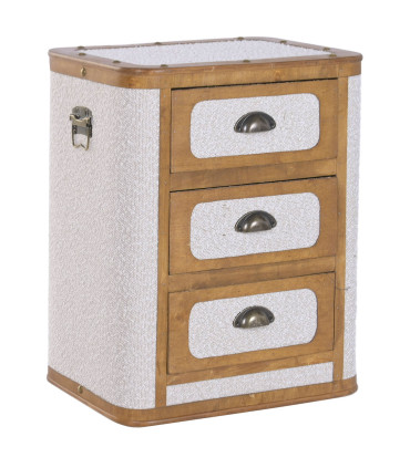 Table de chevet en bois et tissu beige 3 tiroirs 48x36x60cm