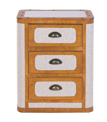 Table de chevet en bois et tissu beige 3 tiroirs 48x36x60cm