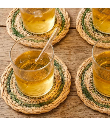 Set of 4 green and beige jute coasters Ø10cm