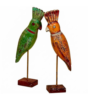 Set de 2 statuettes perroquets en bois vert et orange 7x8x37cm