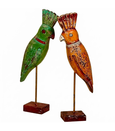 Set de 2 statuettes perroquets en bois vert et orange 7x8x37cm