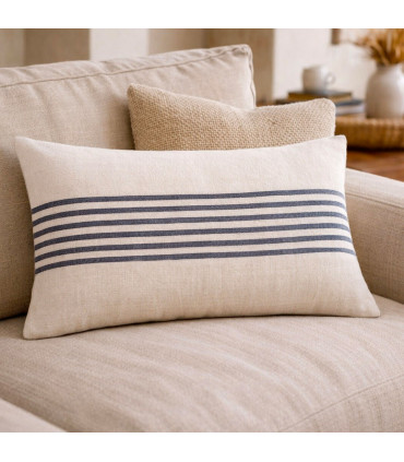 Coussin rectangulaire en coton beige rayures bleues 40x60cm