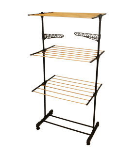 Étendoir à linge pliable sur roulettes couleur noir et bois 80x42x165cm