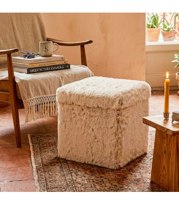 Pouf coffre de rangement moumoute beige 38x38x38cm
