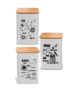 Set de 3 boîtes de cuisine en métal blanc et bois café, thé, sucre 9.5x9.5x14.5cm