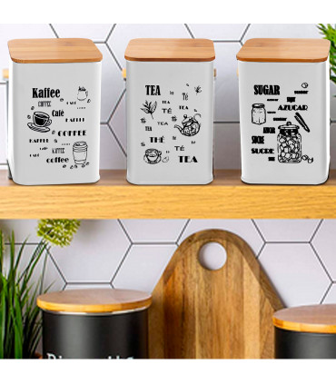 Set de 3 boîtes de cuisine en métal noir et bois café, thé, sucre 9.5x9.5x14.5cm