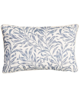 Coussin rectangulaire coton et lin feuillage bleu et blanc 45x30cm