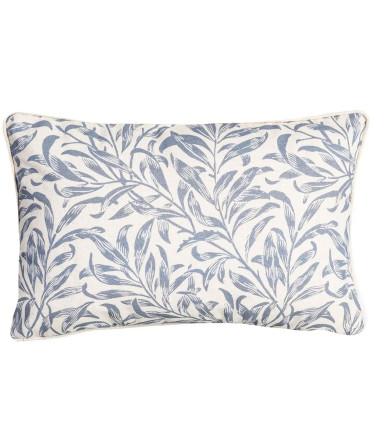 Rectangular decorative cushion linen and cotton leaves blue and white 45x30cm
