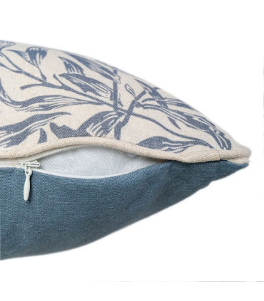 Coussin rectangulaire coton et lin feuillage bleu et blanc 45x30cm