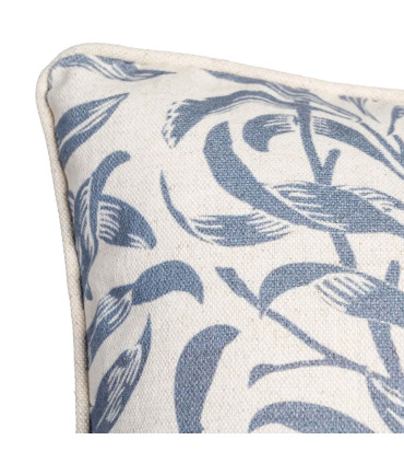 Coussin rectangulaire coton et lin feuillage bleu et blanc 45x30cm