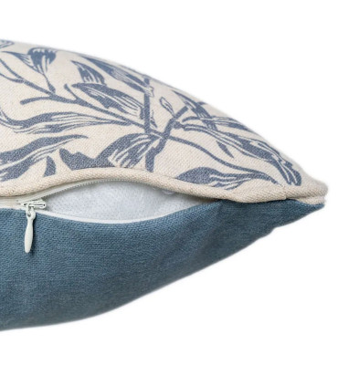 Coussin carré coton et lin feuillage bleu et blanc 45x45cm