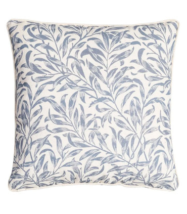 Coussin carré coton et lin feuillage bleu et blanc 45x45cm