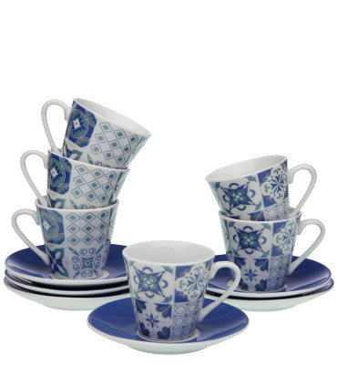 Set de 6 tasses et dessous de tasses porcelaine carreaux de ciment bleu