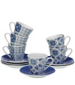 Set de 6 tasses et dessous de tasses porcelaine carreaux de ciment bleu