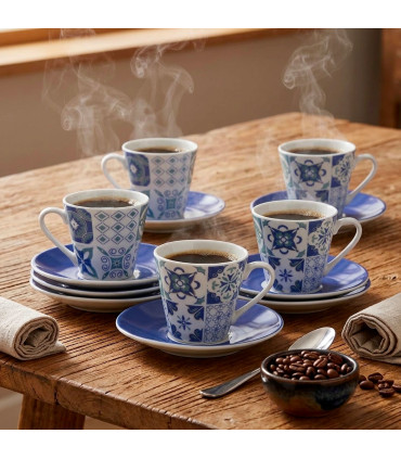 Set de 6 tasses et dessous de tasses porcelaine carreaux de ciment bleu
