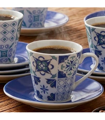 Set de 6 tasses et dessous de tasses porcelaine carreaux de ciment bleu