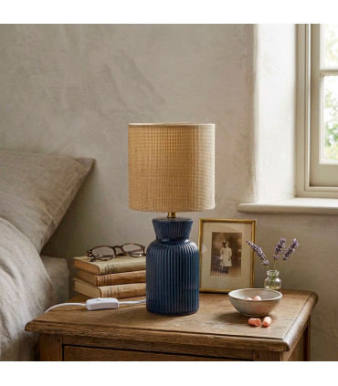 Lampe à poser en céramique bleu et abat-jour beige 18x18x39cm