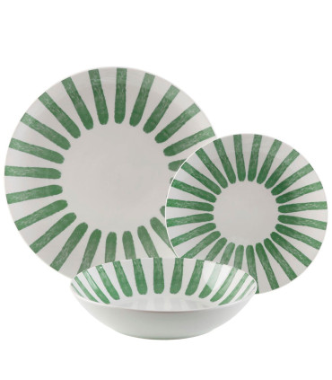 Service de 18 assiettes en porcelaine vert et blanc: plates, creuses et à dessert