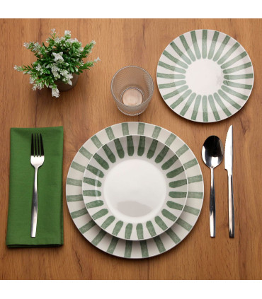 Service de 18 assiettes en porcelaine vert et blanc: plates, creuses et à dessert