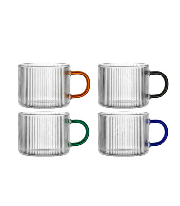 Set de 4 tasses à café en verre strié et anses colorées 120ml