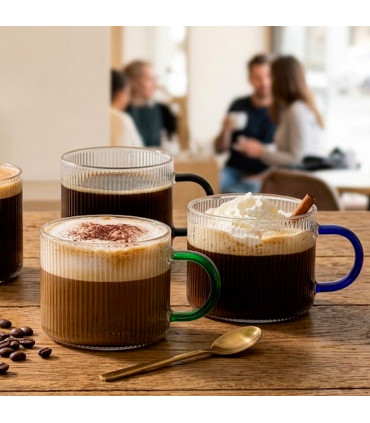 Set de 4 tasses à café en verre strié et anses colorées 120ml