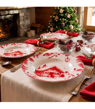 Assiette creuse porcelaine motif chalet de montagne d24.5cm
