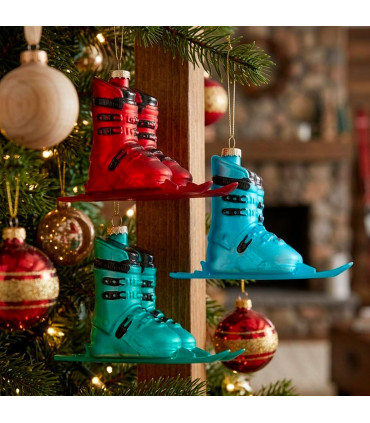 Set de 3 boules de Noël chaussures de ski bleu, vert, rouge 5.5x9cm