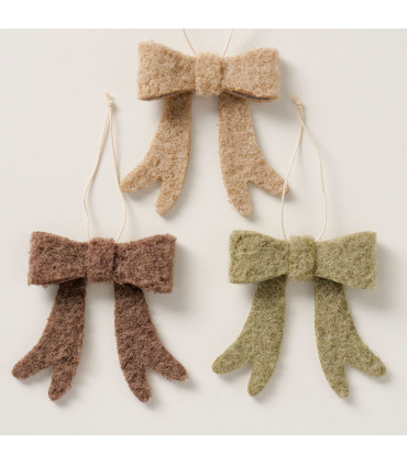 Set de 3 noeuds en tissu feutré beuge, marron et vert 10x11x2cm