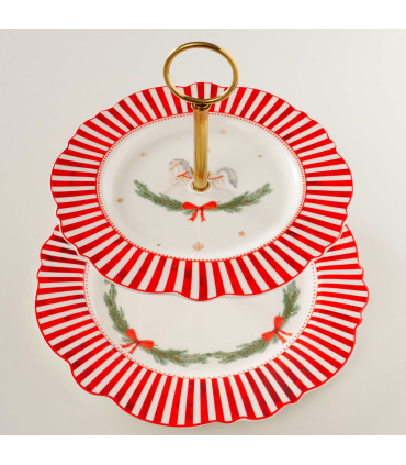 Plat de présentation Noël 2 étages céramique et métal doré 26.5x26,5x24cm