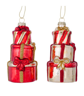Set de 2 boules de Noël cadeaux rouge et beige 6.5x6.5x13.5cm
