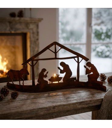 Crèche de Noël en métal ajouré marron 29x6x13.5cm