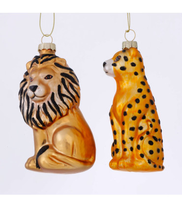 Set de 2 boules de Noël en verre laqué safari lion et léopard 6x6x10cm