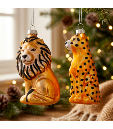 Set de 2 boules de Noël en verre laqué safari lion et léopard 6x6x10cm
