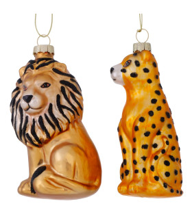 Set de 2 boules de Noël en verre laqué safari lion et léopard 6x6x10cm