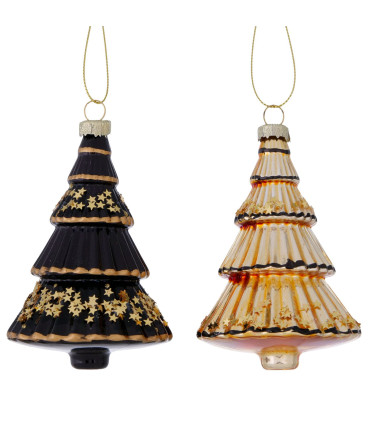 Set de 2 boules de Noël en verre laqué sapins noir et doré 7x7x11cm