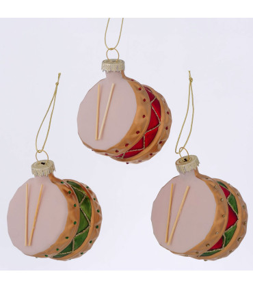 Set de 3 boules de Noël en verre laqué tambours 7x6x5cm
