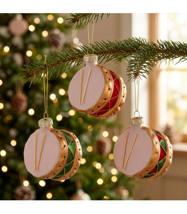 Set de 3 boules de Noël en verre laqué tambours 7x6x5cm