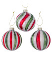 Set de 3 boules de Noël en verre laqué rouge, vert, blanc 7.5x7.5x8cm