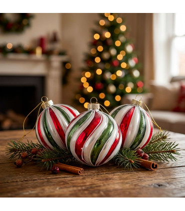 Set de 3 boules de Noël en verre laqué rouge, vert, blanc 7.5x7.5x8cm