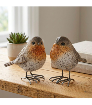 Set de 2 figurines oiseaux rouge-gorges 9x6x9cm