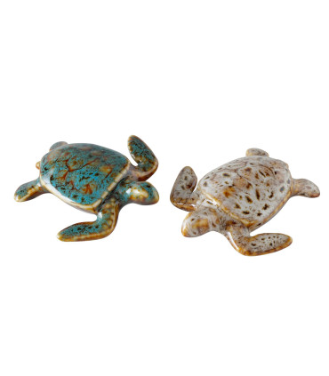 Set de 2 tortues décoratives à poser porcelaine bleu et beige 8x7.5x3cm