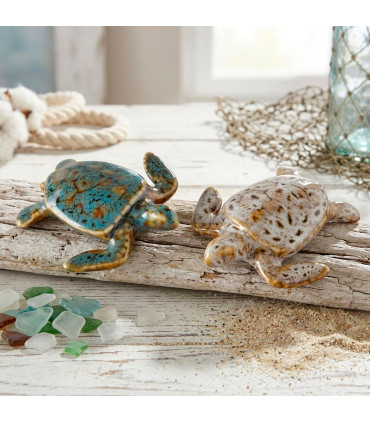 Set de 2 tortues décoratives à poser porcelaine bleu et beige 8x7.5x3cm