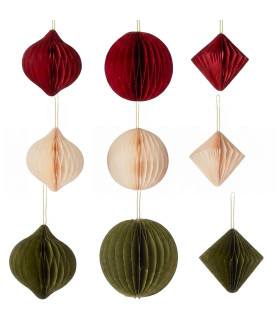 Set de 9 boules de Noël pliage papier rouge, vert, blanc 6cm