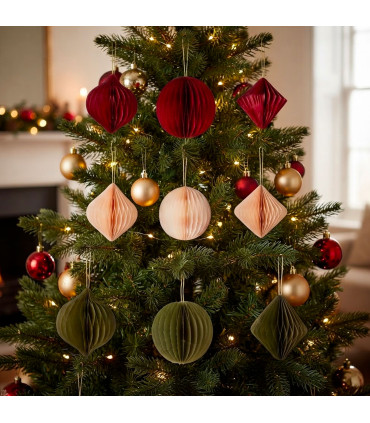 Set de 9 boules de Noël pliage papier rouge, vert, blanc 6cm