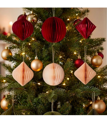 Set de 9 boules de Noël pliage papier rouge, vert, blanc 6cm