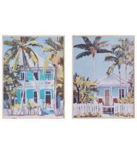 Set de 2 tableaux peinture maisons bord de mer 30x2x40cm