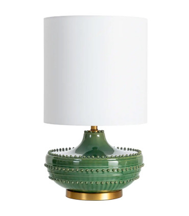 Lampe à poser en céramique verte et abat-jour lin blanc 38x38x65cm