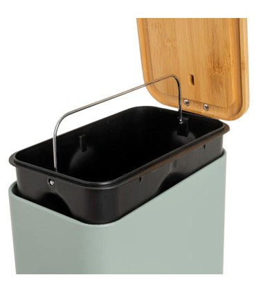 Poubelle de salle de bain rectangulaire métal vert sauge et bambou 5L