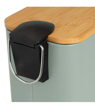 Poubelle de salle de bain rectangulaire métal vert sauge et bambou 5L