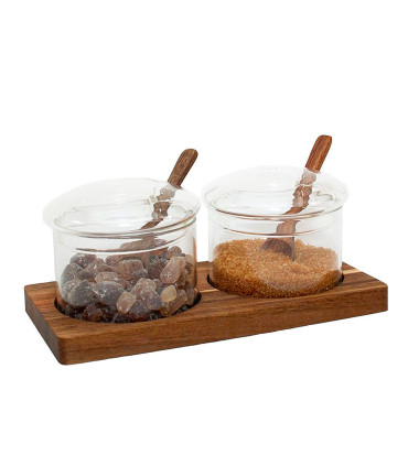 Set of 2 sugar pots glass and acacia wood 19.5x10x8cm